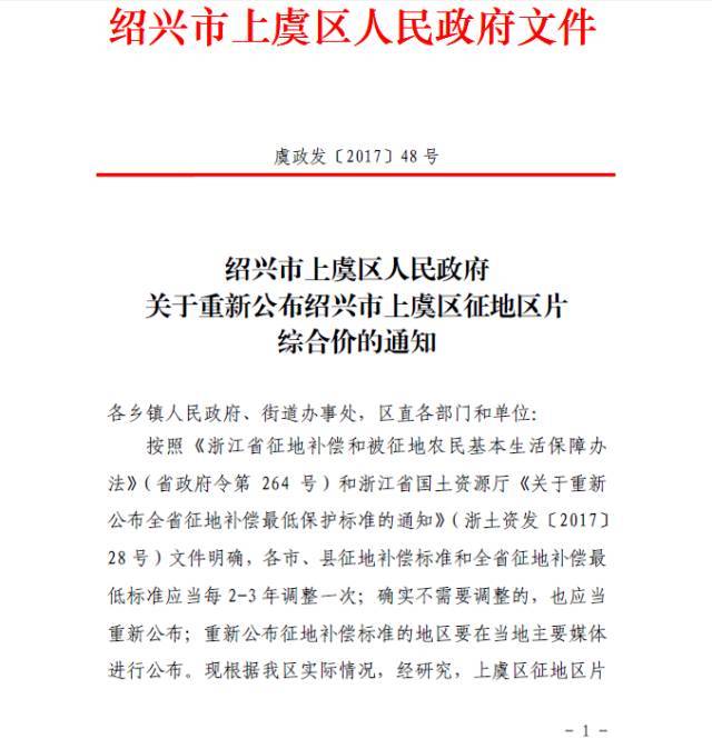 2017上虞征地补偿标准曝光!你家土地值多少钱?(附重新公布绍兴市上虞区征地区片综合价的通知)